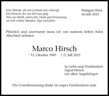 Traueranzeige von Marco Hirsch von Stuttgarter Zeitung / Stuttgarter Nachrichten