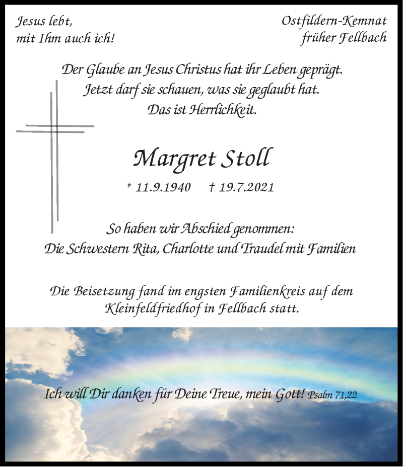  Traueranzeige für Margret Stoll vom 31.07.2021 aus Stuttgarter Zeitung / Stuttgarter Nachrichten