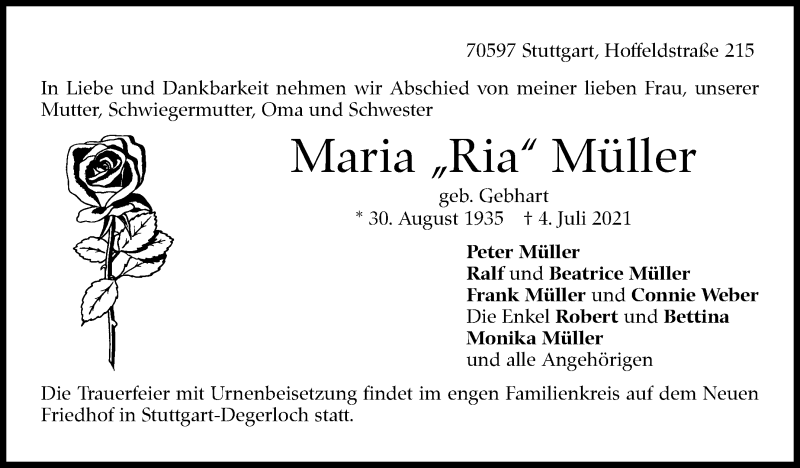  Traueranzeige für Maria Müller vom 17.07.2021 aus Stuttgarter Zeitung / Stuttgarter Nachrichten
