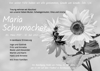 Traueranzeige von Maria Schumacher von Stuttgarter Zeitung / Stuttgarter Nachrichten