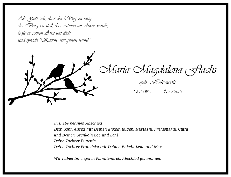  Traueranzeige für Maria Magdalena Flachs vom 24.07.2021 aus Stuttgarter Zeitung / Stuttgarter Nachrichten