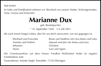Traueranzeige von Marianne Dux von Stuttgarter Zeitung / Stuttgarter Nachrichten