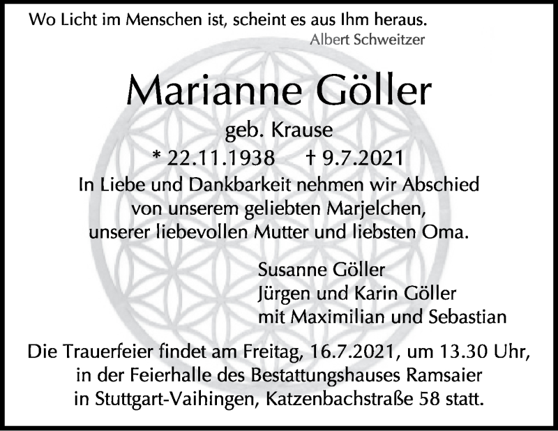  Traueranzeige für Marianne Göller vom 14.07.2021 aus Stuttgarter Zeitung / Stuttgarter Nachrichten