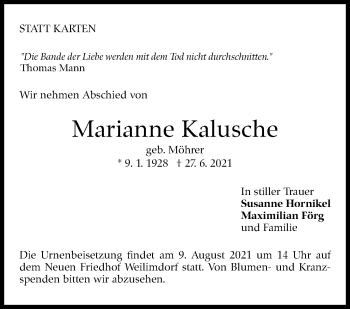 Traueranzeige von Marianne Kalusche von Stuttgarter Zeitung / Stuttgarter Nachrichten