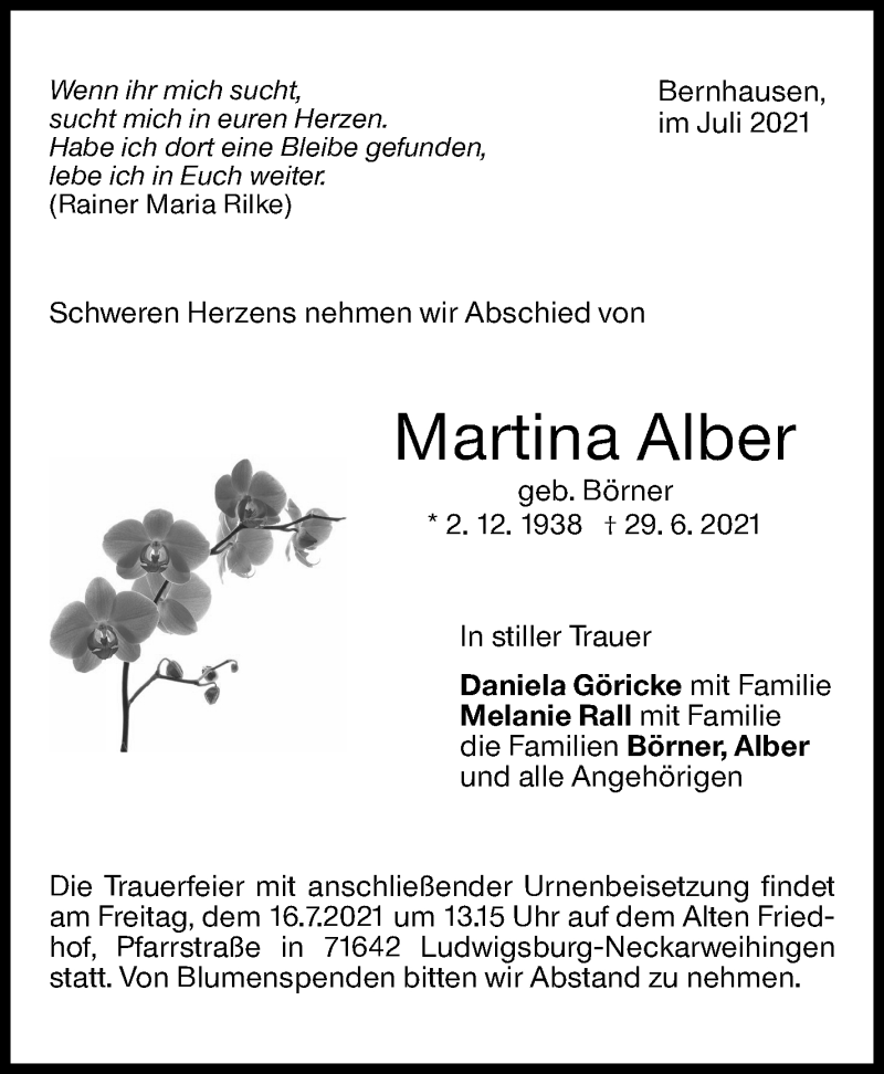  Traueranzeige für Martina Alber vom 14.07.2021 aus Stuttgarter Zeitung / Stuttgarter Nachrichten