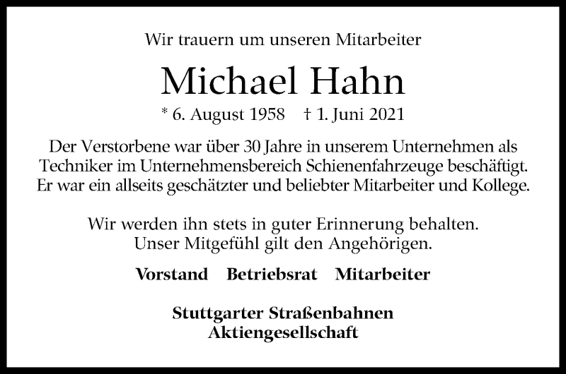  Traueranzeige für Michael Hahn vom 02.07.2021 aus Stuttgarter Zeitung / Stuttgarter Nachrichten