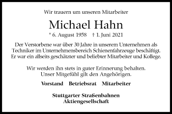 Traueranzeige von Michael Hahn von Stuttgarter Zeitung / Stuttgarter Nachrichten