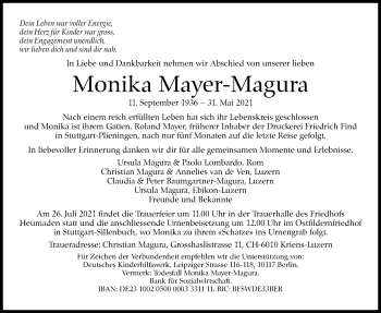 Traueranzeige von Monika Mayer-Magura von Stuttgarter Zeitung / Stuttgarter Nachrichten