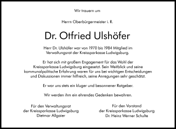Traueranzeige von Otfried Ulshöfer von Stuttgarter Zeitung / Stuttgarter Nachrichten