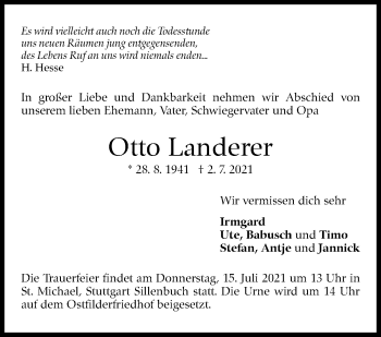 Traueranzeige von Otto Landerer von Stuttgarter Zeitung / Stuttgarter Nachrichten
