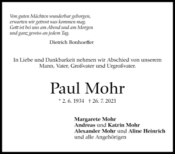 Traueranzeige von Paul Mohr von Stuttgarter Zeitung / Stuttgarter Nachrichten