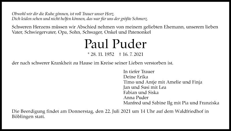  Traueranzeige für Paul Puder vom 20.07.2021 aus Stuttgarter Zeitung / Stuttgarter Nachrichten