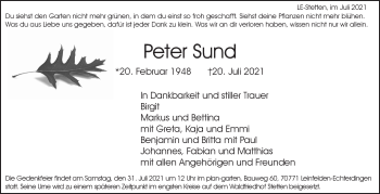Traueranzeige von Peter Sund von Stuttgarter Zeitung / Stuttgarter Nachrichten