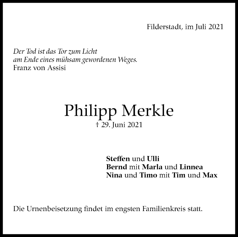  Traueranzeige für Philipp Merkle vom 10.07.2021 aus Stuttgarter Zeitung / Stuttgarter Nachrichten