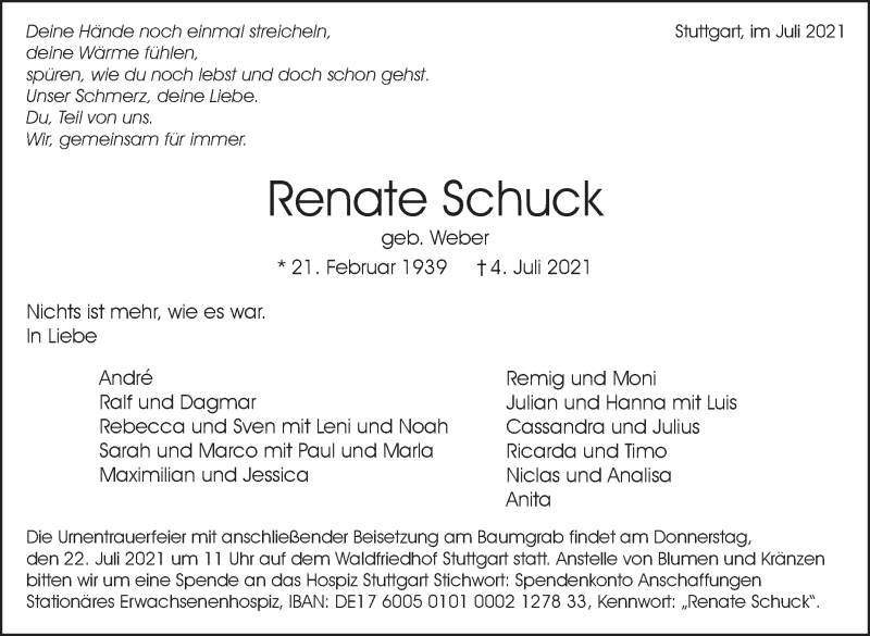  Traueranzeige für Renate Schuck vom 10.07.2021 aus Stuttgarter Zeitung / Stuttgarter Nachrichten