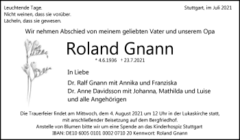 Traueranzeige von Roland Gnann von Stuttgarter Zeitung / Stuttgarter Nachrichten