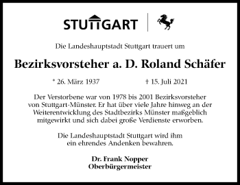 Traueranzeige von Roland Schäfer von Stuttgarter Zeitung / Stuttgarter Nachrichten