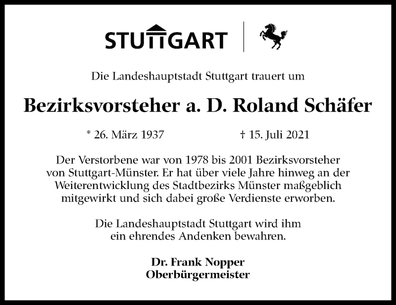  Traueranzeige für Roland Schäfer vom 31.07.2021 aus Stuttgarter Zeitung / Stuttgarter Nachrichten