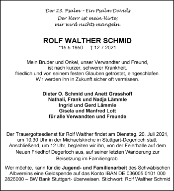 Traueranzeige von Rolf Walther Schmid von Stuttgarter Zeitung / Stuttgarter Nachrichten