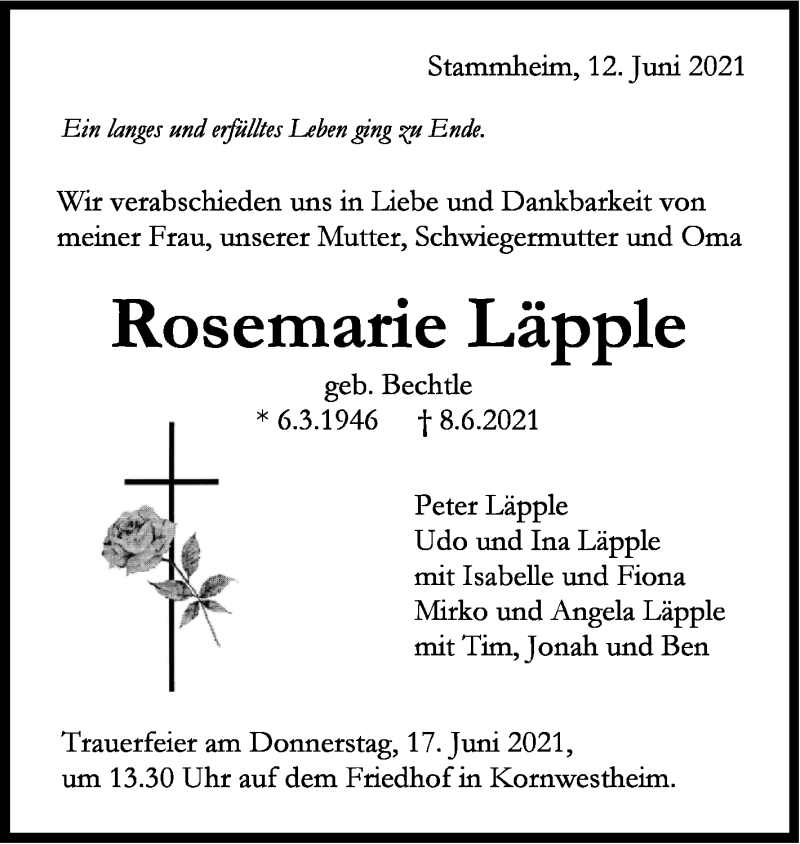  Traueranzeige für Rosemarie Läpple vom 12.06.2021 aus Stuttgarter Zeitung / Stuttgarter Nachrichten