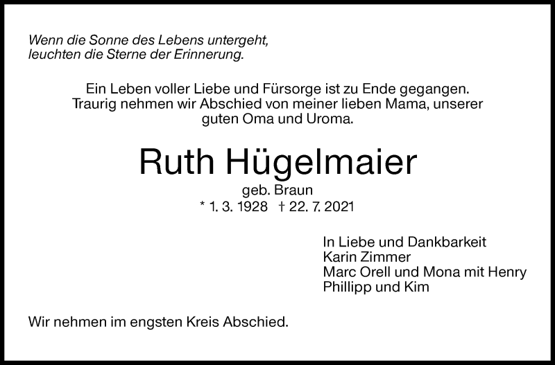  Traueranzeige für Ruth Hügelmaier vom 27.07.2021 aus Stuttgarter Zeitung / Stuttgarter Nachrichten