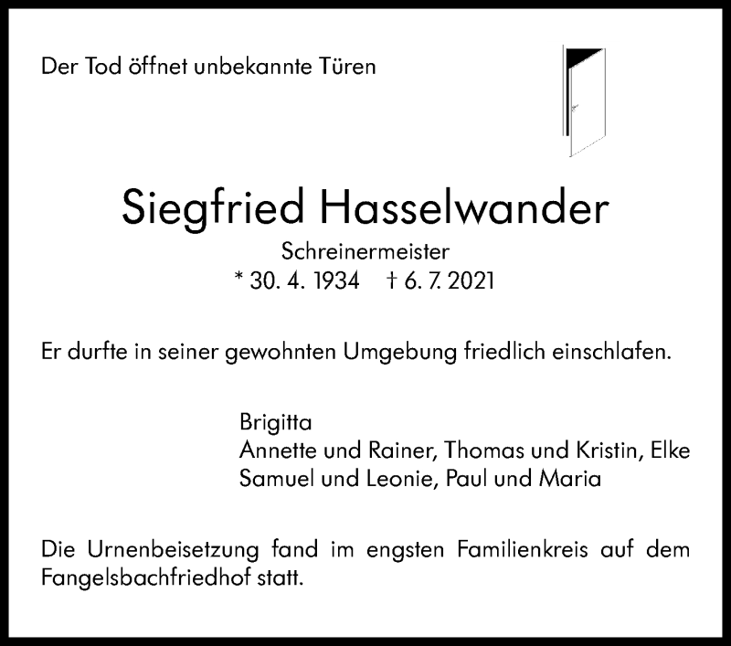  Traueranzeige für Siegfried Hasselwander vom 24.07.2021 aus Stuttgarter Zeitung / Stuttgarter Nachrichten