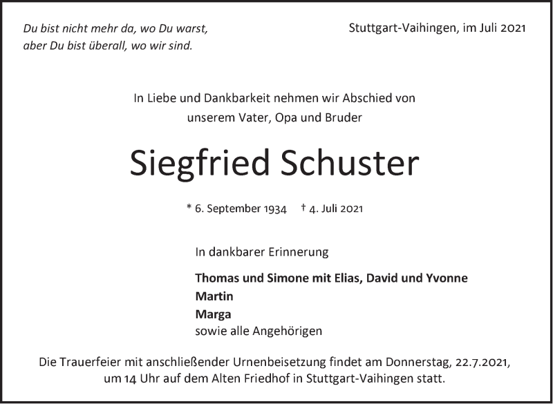  Traueranzeige für Siegfried Schuster vom 10.07.2021 aus Stuttgarter Zeitung / Stuttgarter Nachrichten