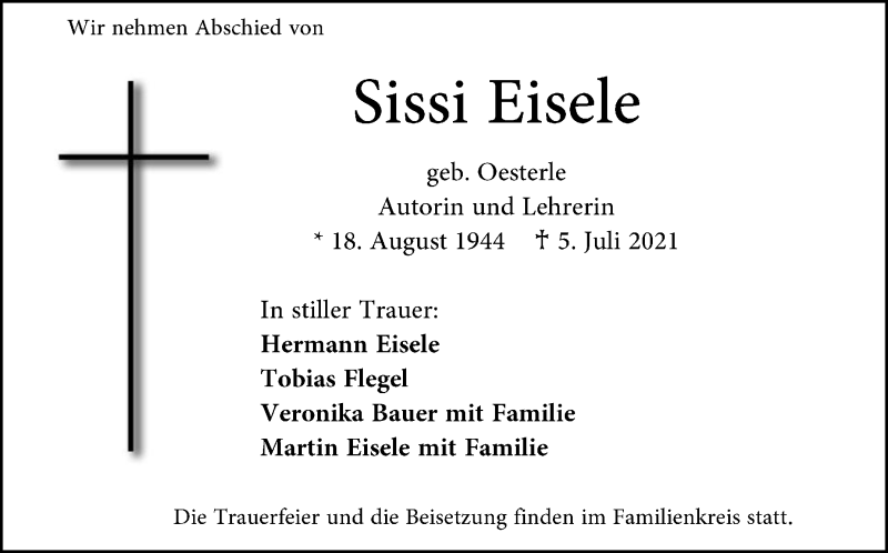  Traueranzeige für Sissi Eisele vom 10.07.2021 aus Stuttgarter Zeitung / Stuttgarter Nachrichten