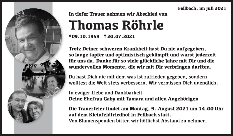  Traueranzeige für Thomas Röhrle vom 31.07.2021 aus Stuttgarter Zeitung / Stuttgarter Nachrichten