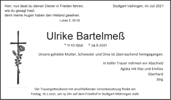 Traueranzeige von Ulrike Bartelmeß von Stuttgarter Zeitung / Stuttgarter Nachrichten