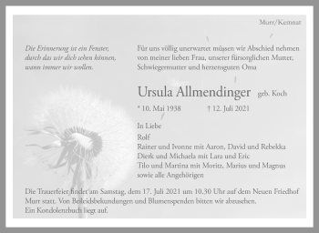 Traueranzeige von Ursula Allmendinger von Stuttgarter Zeitung / Stuttgarter Nachrichten