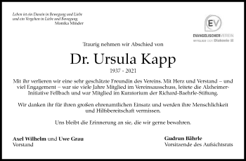 Traueranzeige von Ursula Kapp von Stuttgarter Zeitung / Stuttgarter Nachrichten