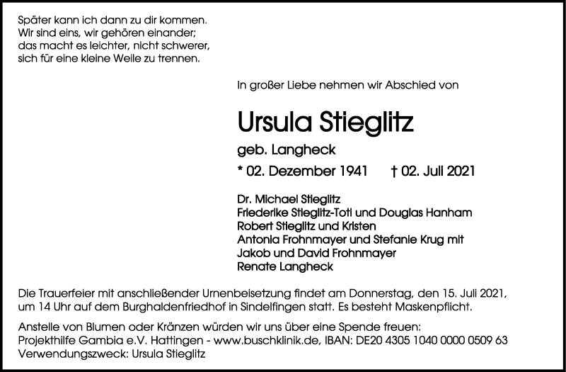  Traueranzeige für Ursula Stieglitz vom 10.07.2021 aus Stuttgarter Zeitung / Stuttgarter Nachrichten