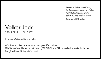 Traueranzeige von Volker Jeck von Stuttgarter Zeitung / Stuttgarter Nachrichten