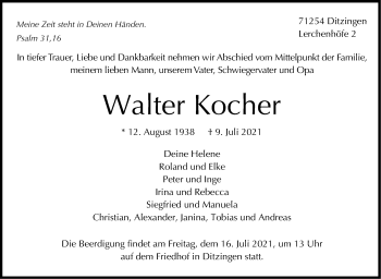 Traueranzeige von Walter Kocher von Stuttgarter Zeitung / Stuttgarter Nachrichten