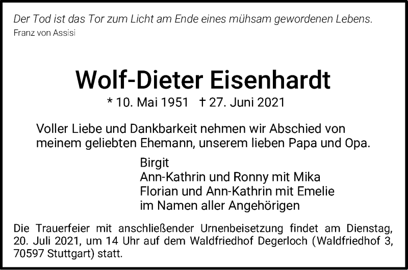  Traueranzeige für Wolf-Dieter Eisenhardt vom 02.07.2021 aus Stuttgarter Zeitung / Stuttgarter Nachrichten