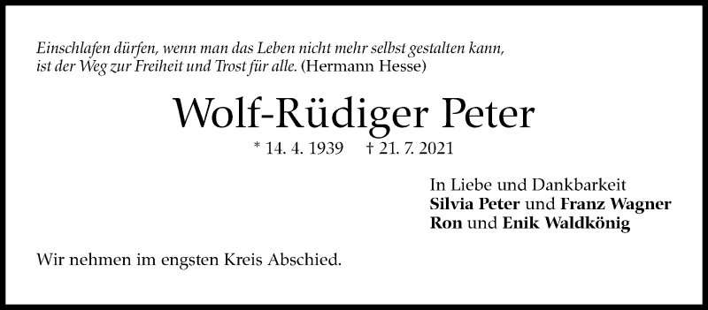  Traueranzeige für Wolf-Rüdiger Peter vom 28.07.2021 aus Stuttgarter Zeitung / Stuttgarter Nachrichten