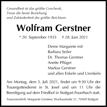 Traueranzeige von Wolfram Gerstner von Stuttgarter Zeitung / Stuttgarter Nachrichten
