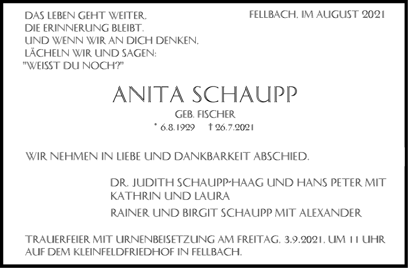  Traueranzeige für Anita Schaupp vom 28.08.2021 aus Stuttgarter Zeitung / Stuttgarter Nachrichten