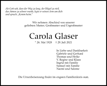 Traueranzeige von Carola Glaser von Stuttgarter Zeitung / Stuttgarter Nachrichten