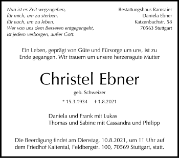 Traueranzeige von Christel Ebner von Stuttgarter Zeitung / Stuttgarter Nachrichten