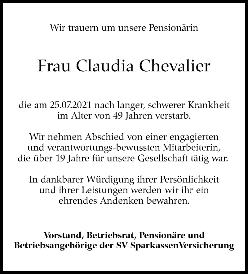  Traueranzeige für Claudia Chevalier vom 07.08.2021 aus Stuttgarter Zeitung / Stuttgarter Nachrichten