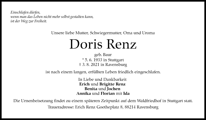  Traueranzeige für Doris Renz vom 10.08.2021 aus Stuttgarter Zeitung / Stuttgarter Nachrichten