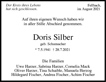 Traueranzeige von Doris Silber von Stuttgarter Zeitung / Stuttgarter Nachrichten