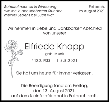 Traueranzeige von Elfriede Knapp von Stuttgarter Zeitung / Stuttgarter Nachrichten