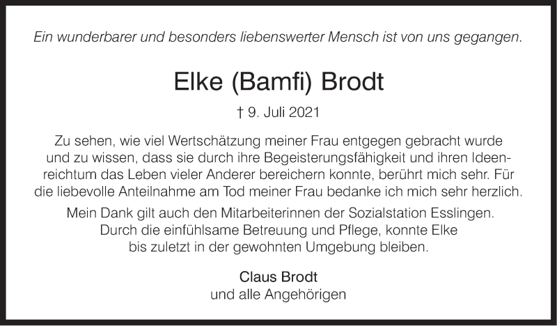  Traueranzeige für Elke Brodt vom 07.08.2021 aus Stuttgarter Zeitung / Stuttgarter Nachrichten
