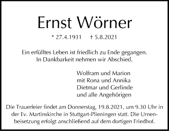 Traueranzeige von Ernst Wörner von Stuttgarter Zeitung / Stuttgarter Nachrichten
