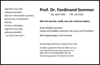Traueranzeige von Ferdinand Sommer von Stuttgarter Zeitung / Stuttgarter Nachrichten