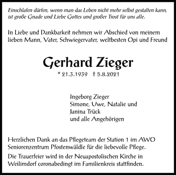 Traueranzeige von Gerhard Zieger von Stuttgarter Zeitung / Stuttgarter Nachrichten