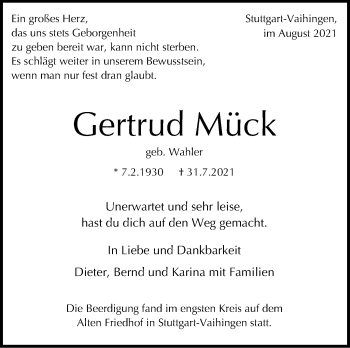 Traueranzeige von Gertrud Mück von Stuttgarter Zeitung / Stuttgarter Nachrichten